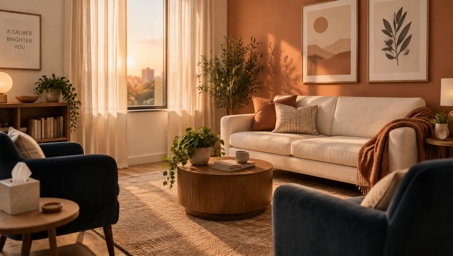 Warm, sunlit modern therapy office in Oceanside with cream sofa and navy accent chairs